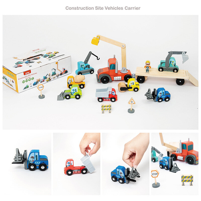 Cantiere veicoli Carrier ragazzi ingegneria modello di auto scavo terra rullo sollevamento camion Building Blocks giocattoli in legno