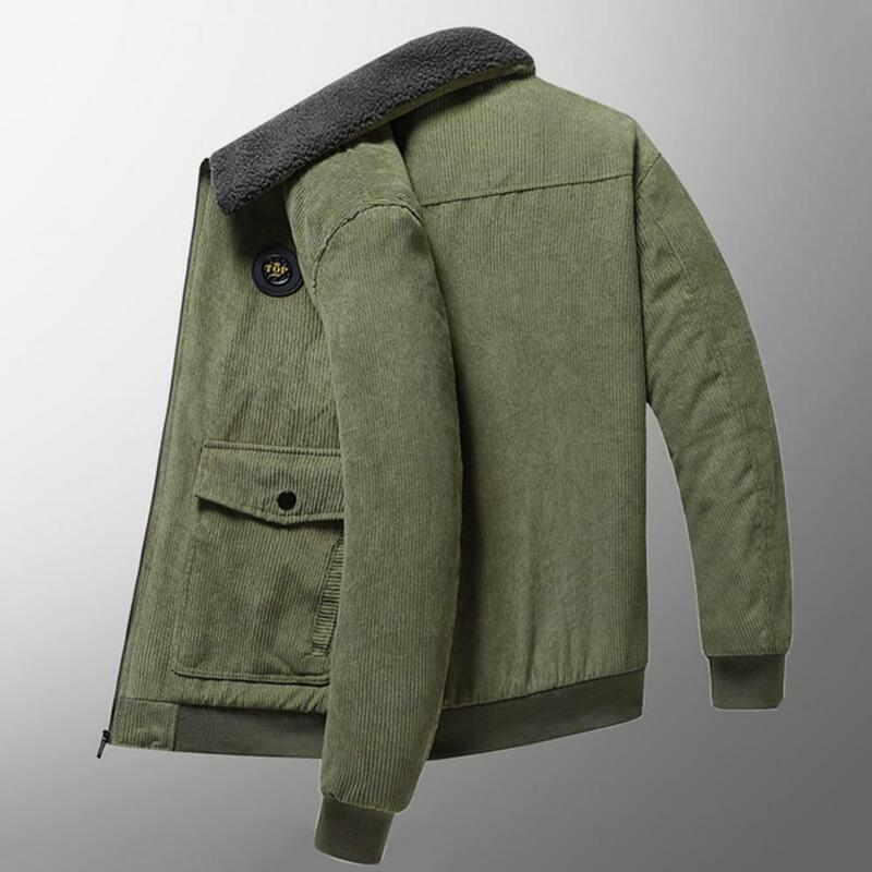 Jaqueta de veludo masculino, casaco lapela, zíper, bolsos com aba, outwear monocromático, engrossado, inverno
