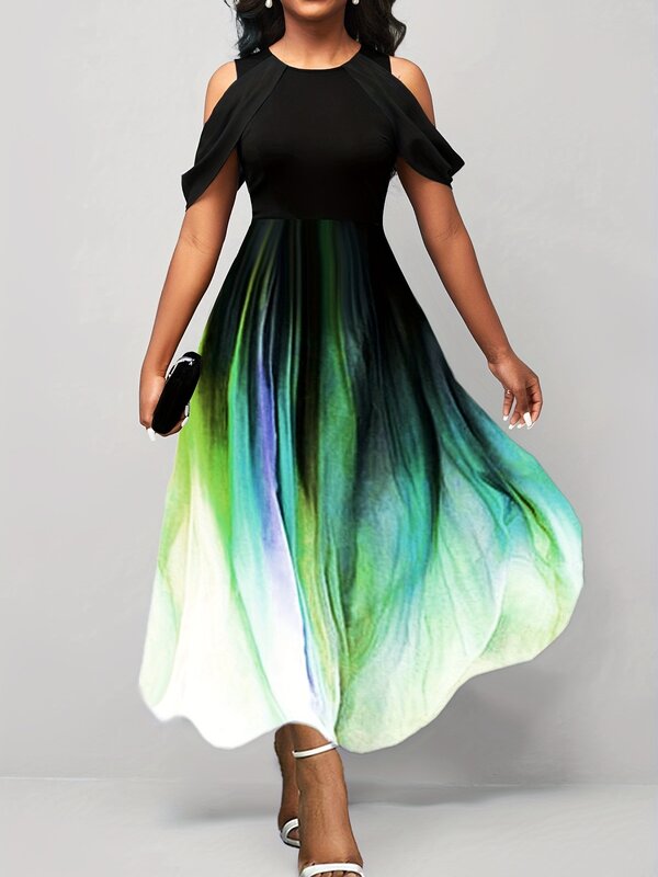 Лето 2023, африканские платья для женщин, Африканское длинное платье из полиэстера с коротким рукавом и круглым вырезом, зеленое платье, платье макси, африканская одежда