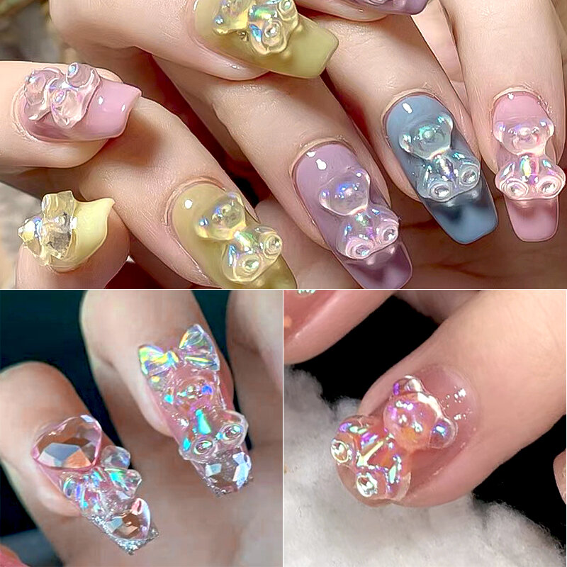 Adornos de manicura para uñas, 1 bolsa de mezcla de gemas de colores, lazo transparente, corazón, perlas, flor, Parte posterior plana