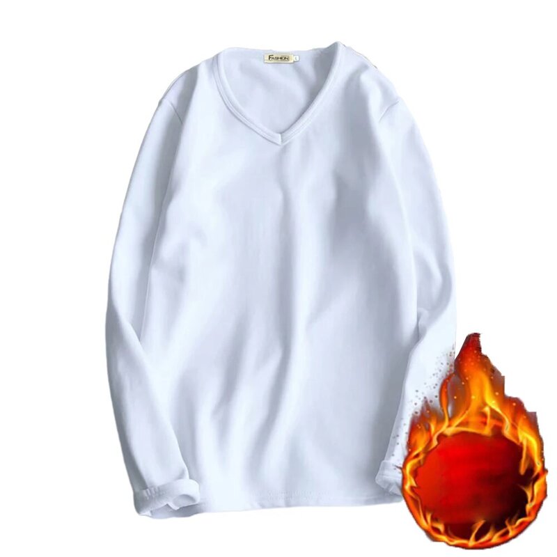 Camiseta monocromática forrado velo masculino, tops com gola V, camiseta grossa, mantém quente, cores sortidas, aconchegante e elegante, inverno