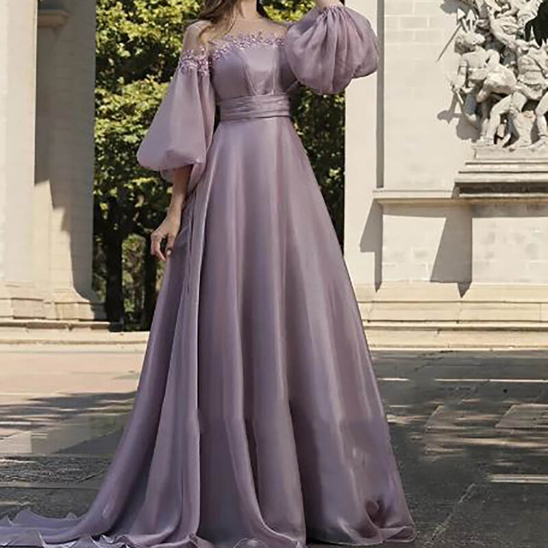 Элегантное ТРАПЕЦИЕВИДНОЕ кружевное атласное длинное вечернее платье, женское платье для выпускного вечера, длинное плиссированное платье с О-образным вырезом и пышными рукавами, 2024