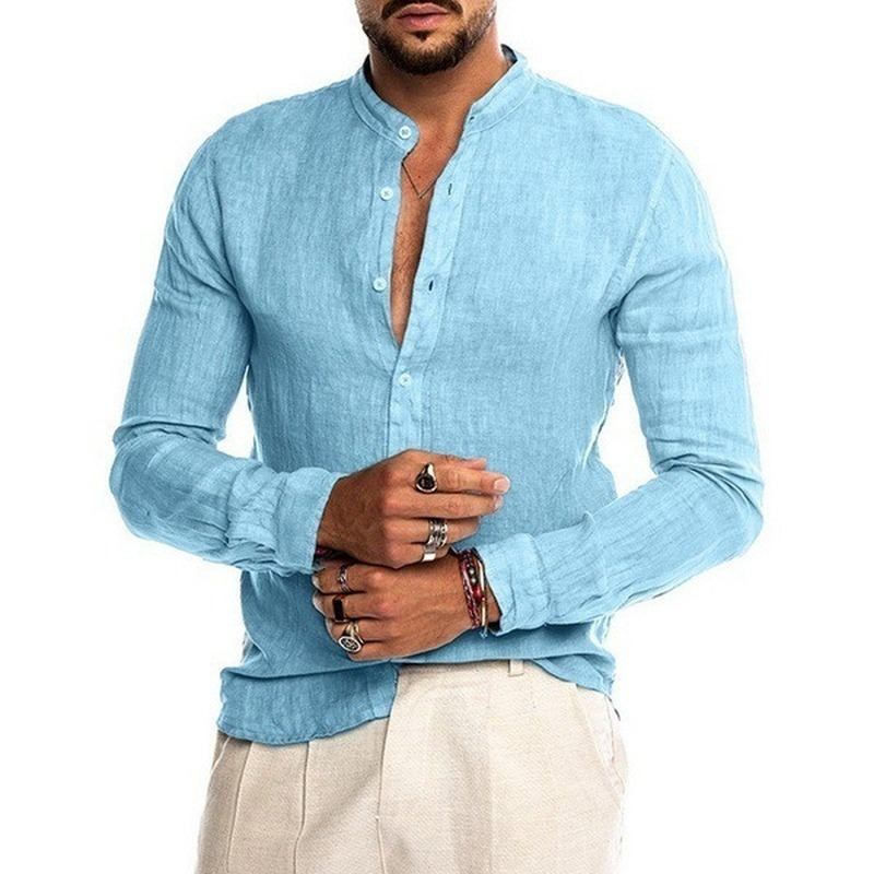 Camiseta informal de manga larga para hombre, Jersey de algodón de lino con botones, cómoda, a la moda, Color sólido