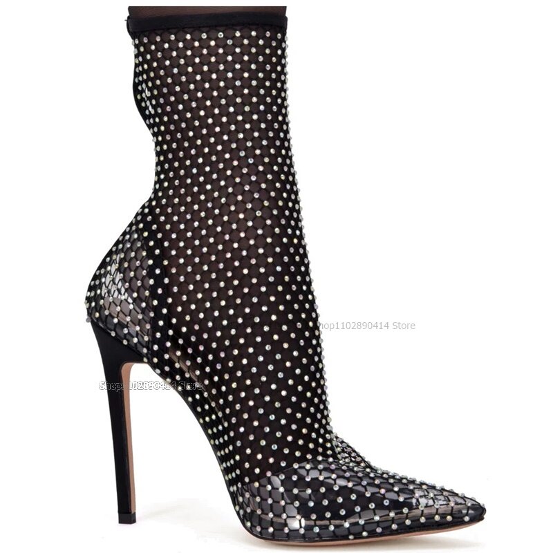 Bottes pointues mi-mollet pour femmes, PVC transparent noir, design creux, talons hauts fins, mode roman, chaussures sexy, 2023