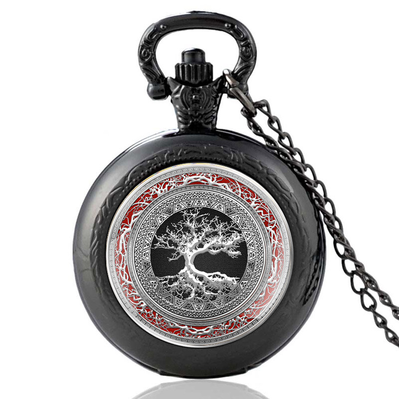 ブラッククォーツ懐中時計、生命の木のデザイン、ネックレス付きのクラシックな時計、男性と女性のためのジュエリーギフト