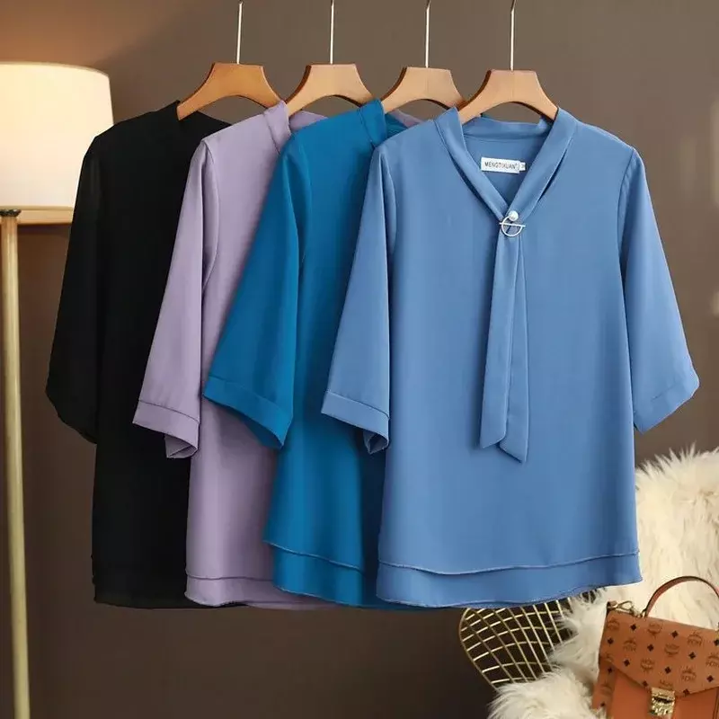 Oversized mulheres verão chiffon blusa camisa sólida com decote em v blusa moda M-5XL roupas femininas casual três quartos mangas camisa