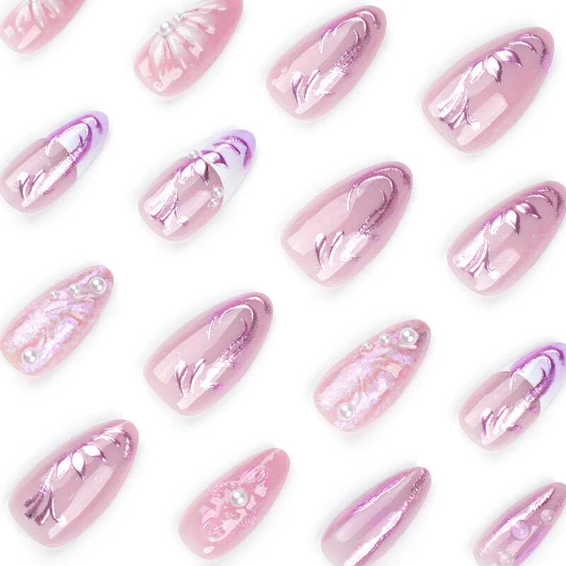24 szt. Purpurowy sztuczne paznokcie 3D migdałowy pras na paznokciach perły kwiat przeznaczony francuski styl fałszywych do paznokci tipsów dla kobiet i dziewcząt
