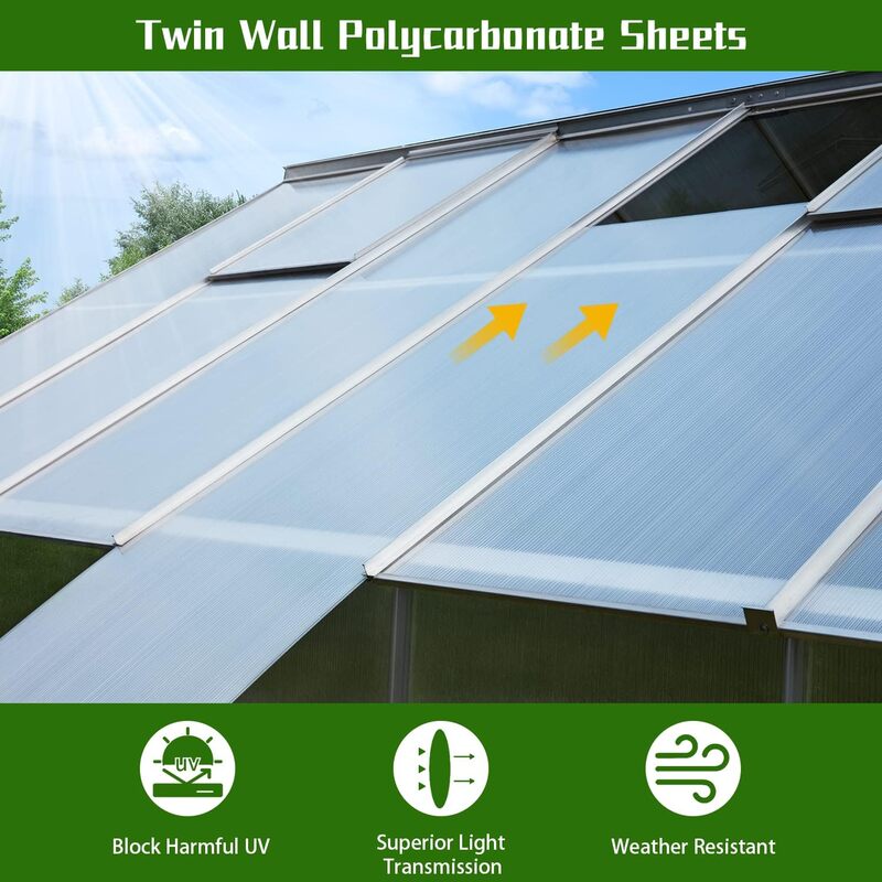 Invernadero para exteriores, casa verde para plantas con marco de aluminio de policarbonato, Ventilación de techo ajustable