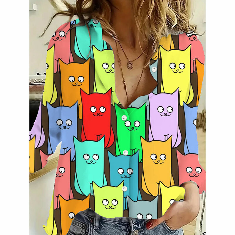 여성용 셔츠 및 블라우스, 귀여운 고양이 프린트 셔츠, 단추 캐주얼 긴팔 셔츠, 여름 여성 의류 블라우스, 5XL, 2024