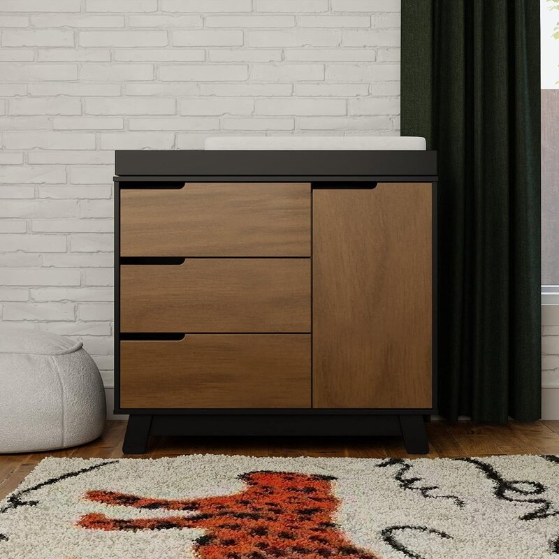 Babyletto Hudson 3-Drawer Changer Dresser with Removable Changing Tray in Black/Natural Walnut, Greenguard Gold Certified