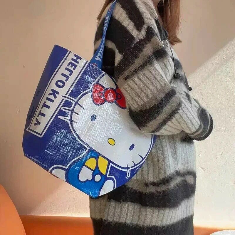 Sanrio Kawaii Blauwe Hello Kittys Bedrukte Nylon Boodschappentas Milieuvriendelijke Handgeweven Tassen Een Schouder Schattige En Stevige Opbergtas