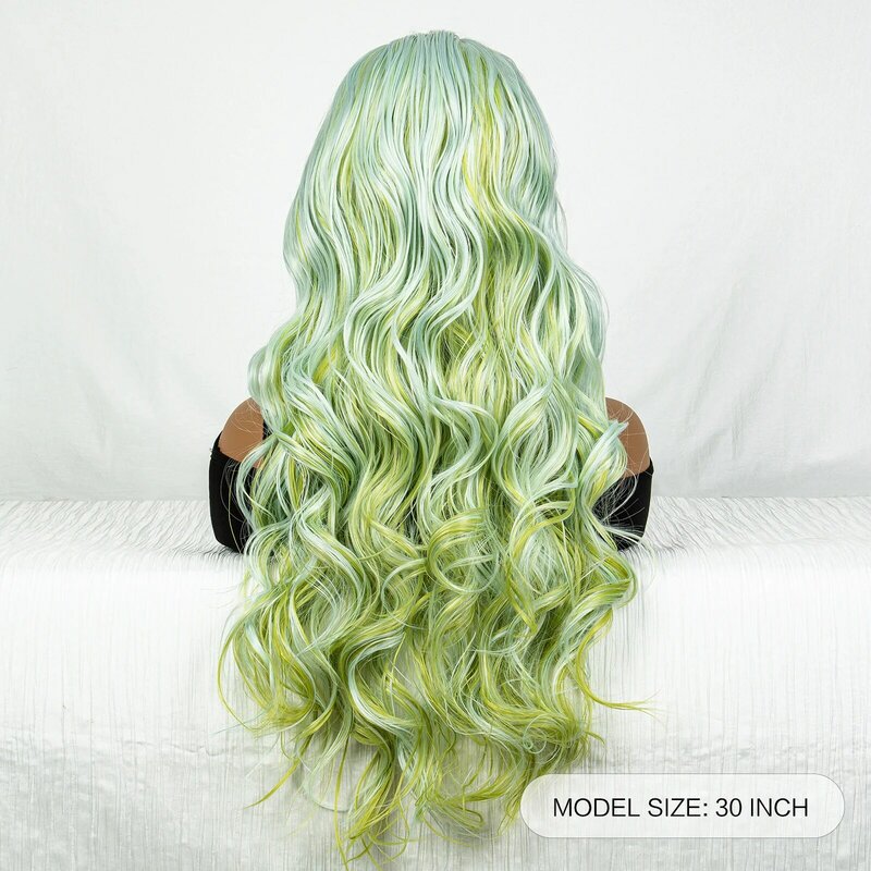 شعر مستعار صناعي متدرج من الدانتيل الأمامي ، شعر متموج ، موجة الجسم ، أخضر ، 30 "، 13 × 3