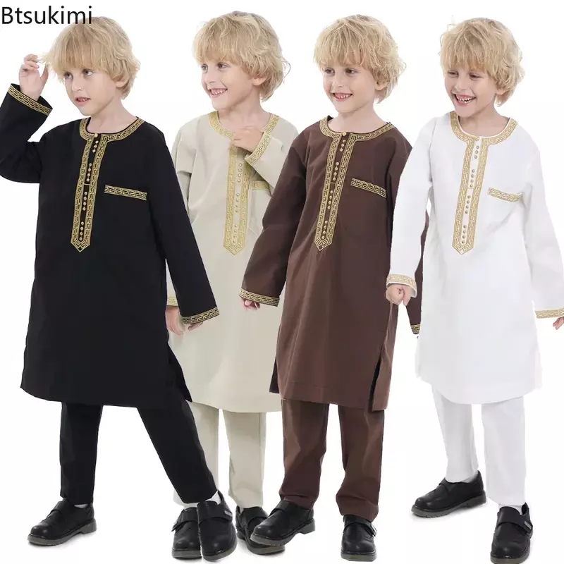 Bata musulmana de Arabia Saudita para niños, conjunto de 2 piezas, Thobe Jubba, ropa islámica, Abaya, caftán de fiesta, 2024
