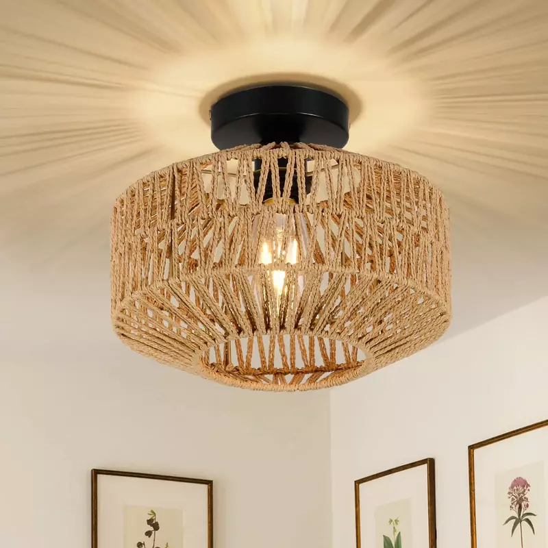Lampada da soffitto Rattan E27 lampadina lampadario lampada a mano tessuta montaggio per corridoio camera da letto cucina ingresso soggiorno