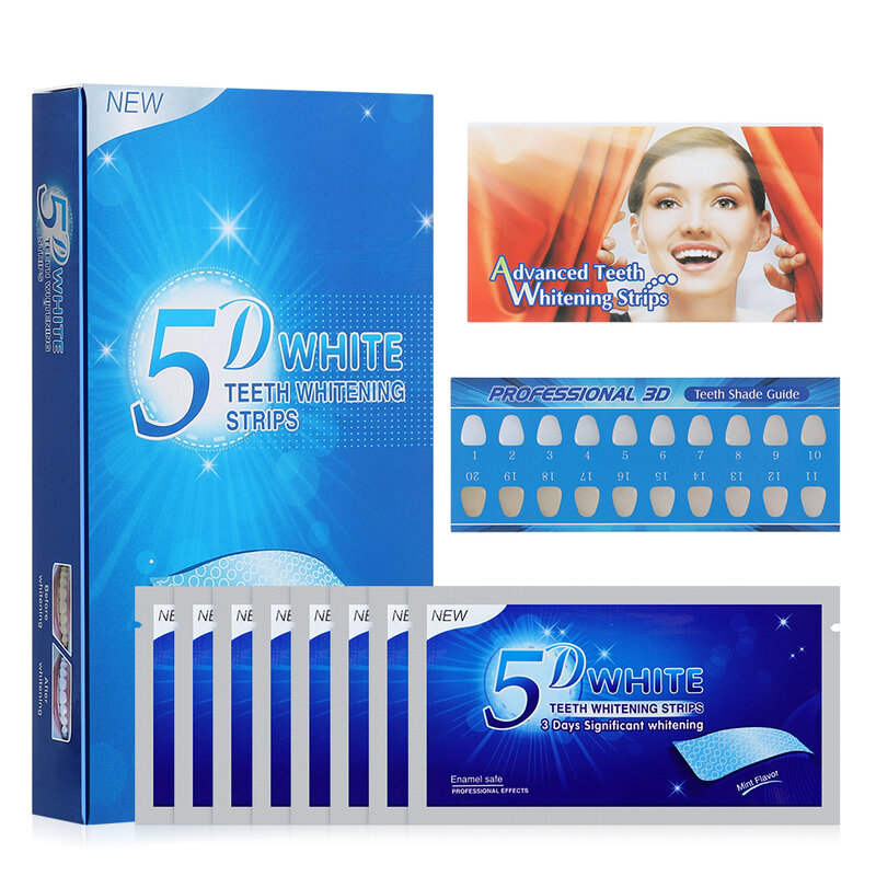 Tiras blanqueadoras de dientes 5D, Gel de pasta de dientes, cuidado de la higiene bucal, tiras blanqueadoras elásticas dobles, carillas de dientes postizas, 14 unids/lote por caja