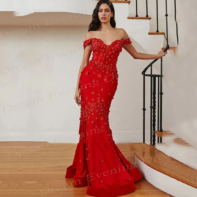 Beautiful Red Mermaid Exquisite Evening Dresses Sweetheart Off the Shoulder Prom Gowns Sexy Backless Sleeveless Robe De Soiree