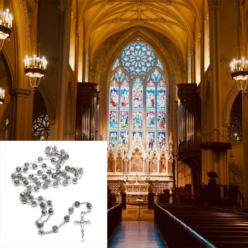 Kalung Rosario Katolik Liontin Salib Salib Manik Bunga Mawar Plastik Perhiasan Religius Antik untuk Wanita Dropship