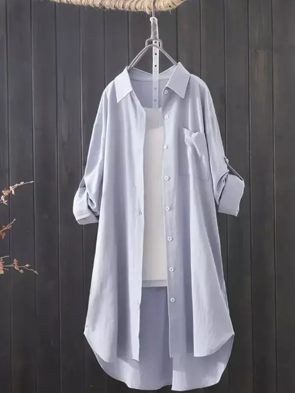 2024 New Women's Spring and Autumn Cotton and Linen Shirt Loose Long-sleeved Shirt Thin Outside with A Medium Long Coat