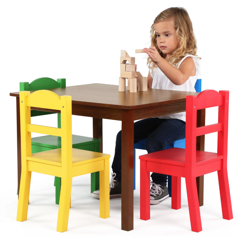 Primary Kids Wood Table and 4 Chairs Set, Natural Wood/Primary