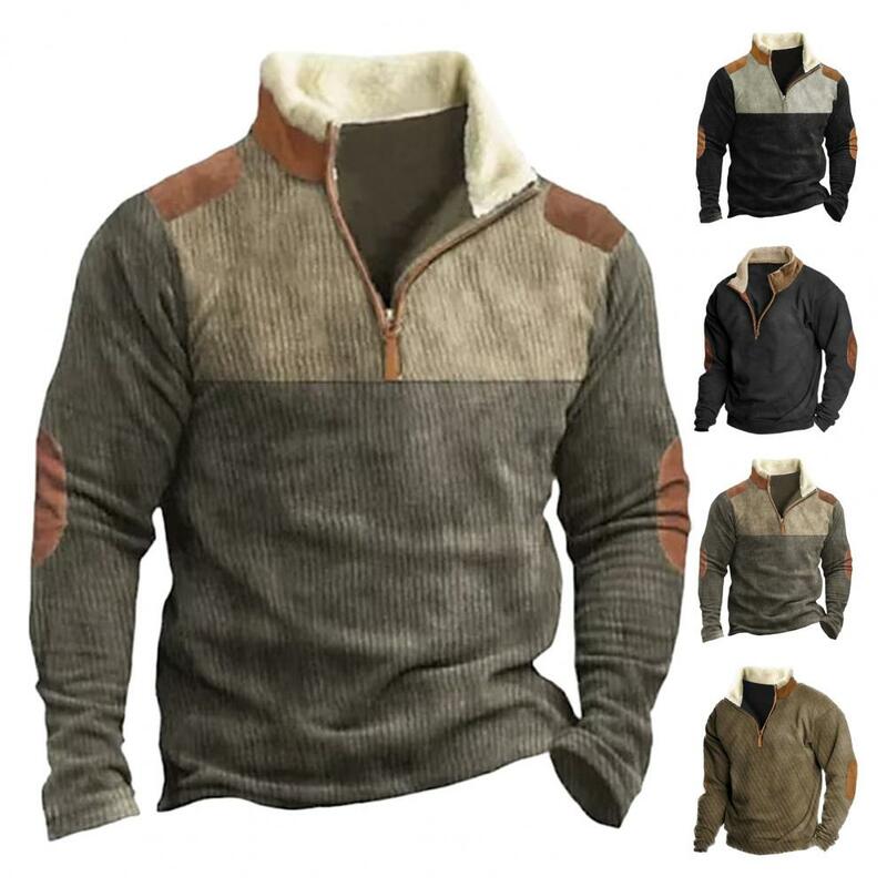 Men Daily Top Retro Plush Zipper Men's Sweatshirt with Color Matching Patchwork Stand Collar Soft Breathable Mid Length for Fall