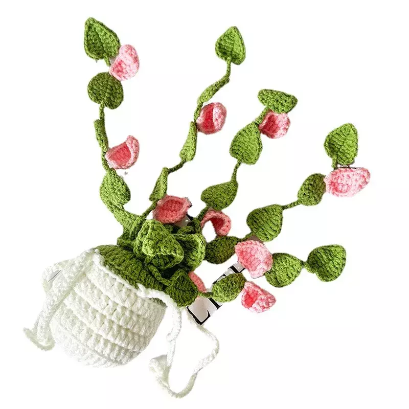 New Hand-woven Creative Simulation Green Rose Potted Ornament Car Hanging Rearview Mirror Finished Bouquet Holiday Gifts
