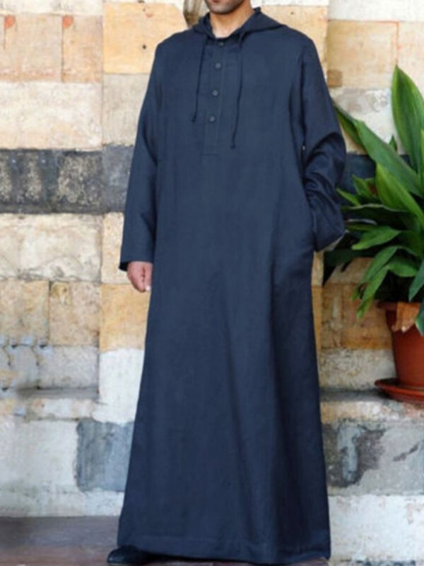 Men's Casual Long-Sleeved Cotton Linen Hooded Robe Fashion Loose Plus Size Solid Arab Djellaba 2023 Simple Plain Thin Clothing