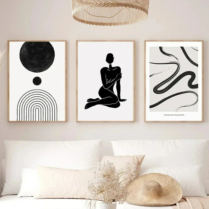 Carteles e impresiones geométricos abstractos para decoración de sala de estar, arte de pared, pintura en lienzo, flor, hoja, niña, mano, negro, Beige