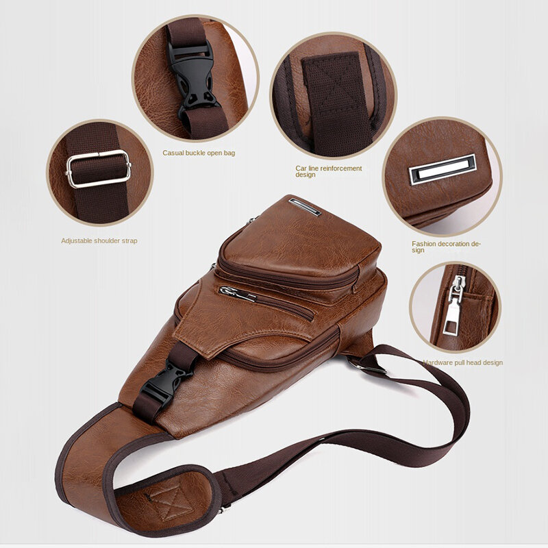 Vintage Shoulder Bag For Man PU Leather Brown Chest Bag Large Capacity Usb Charging Travel Organize Crossbody Shoulder Bags New