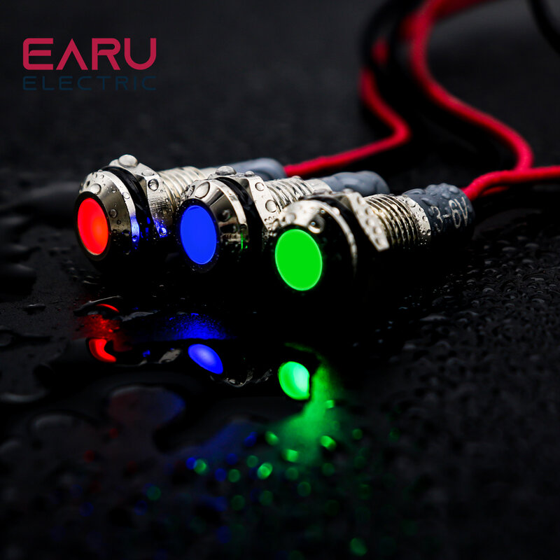 Luz indicadora de metal impermeável, lâmpada LED com fio, vermelho, amarelo, azul, verde, botão branco, IP67, 5V, 12V, 24V, 220V, 6mm, 1PC