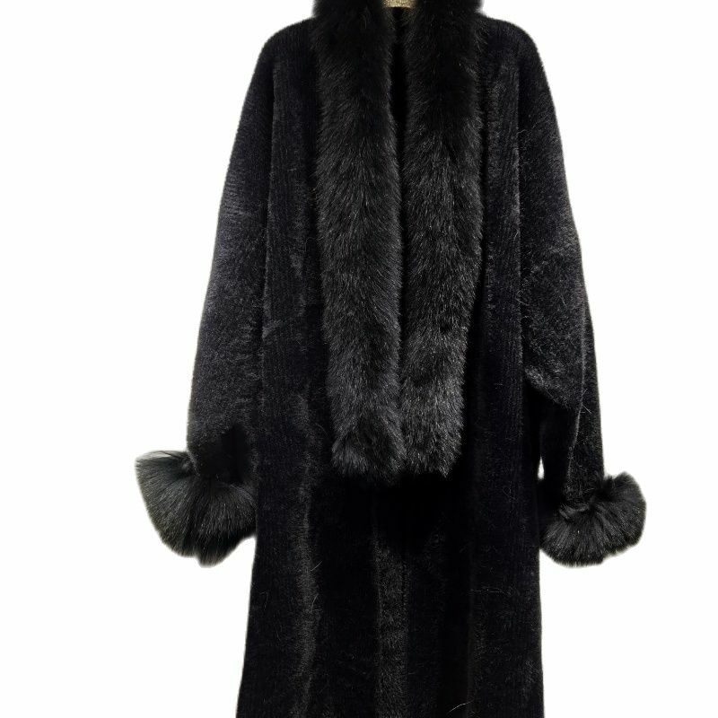 Capa con cuello de piel de zorro Real para mujer, suéter largo de punto, Poncho, chal, abrigo de otoño e invierno, nuevo