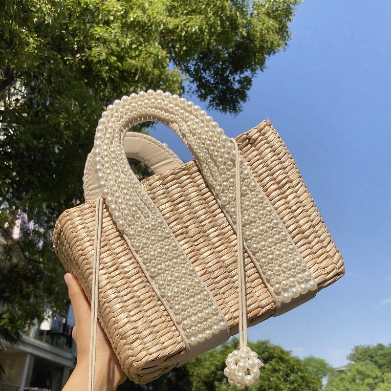 Summer Beach Straw Bag Large Tote Baskets Design Beading Wicker Woven Shoulder Bags Luxury Fashion Pearls Rattan Women Handbags