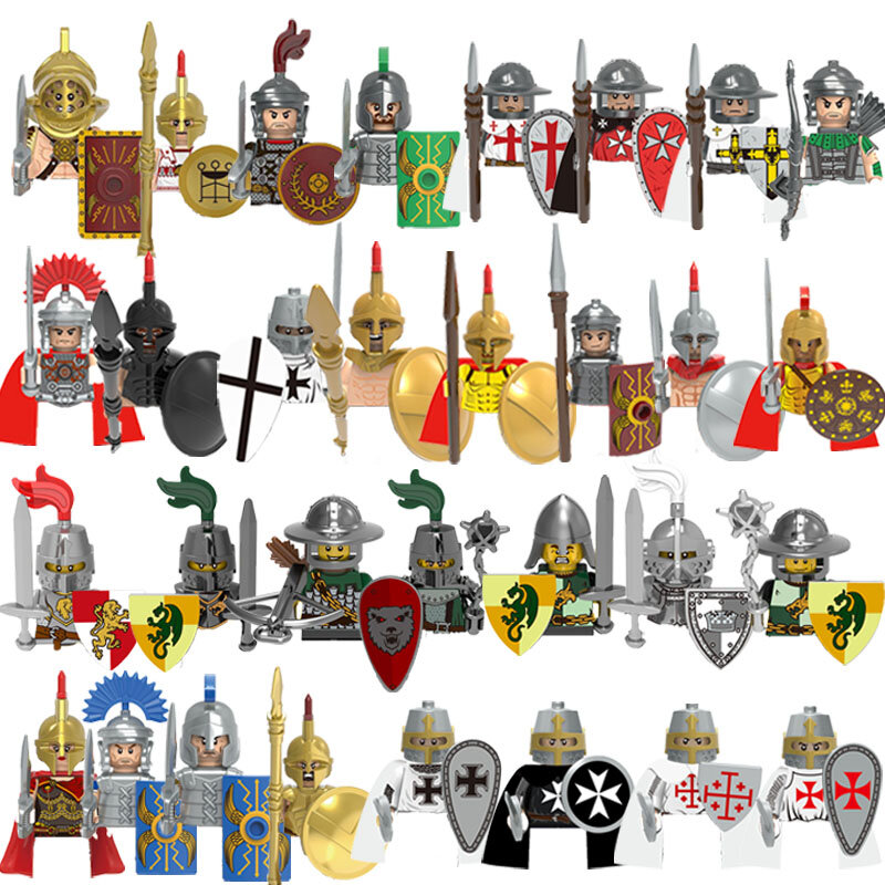 Soldado Romano Militares Blocos de Construção, Medieval Times Soldier Figuras Brinquedos, Capacete Escudo Espada, Manto Presentes para Adultos e Crianças