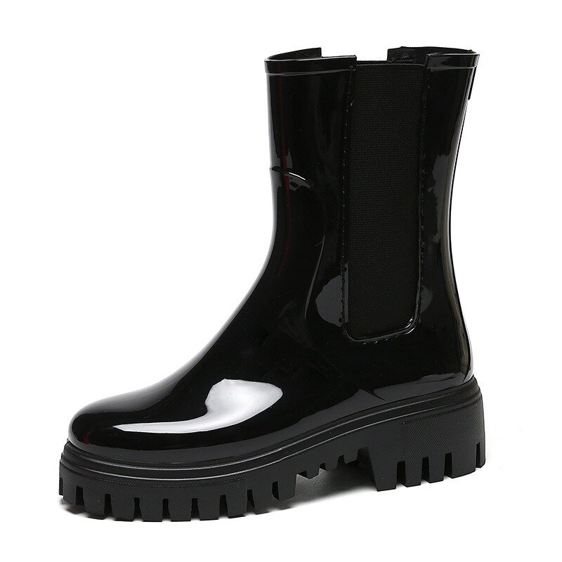 Sapatos de sola grossa feminina, Chelsea plástico, manga média, top alto, botas de chuva de motocicleta, moda, 2023