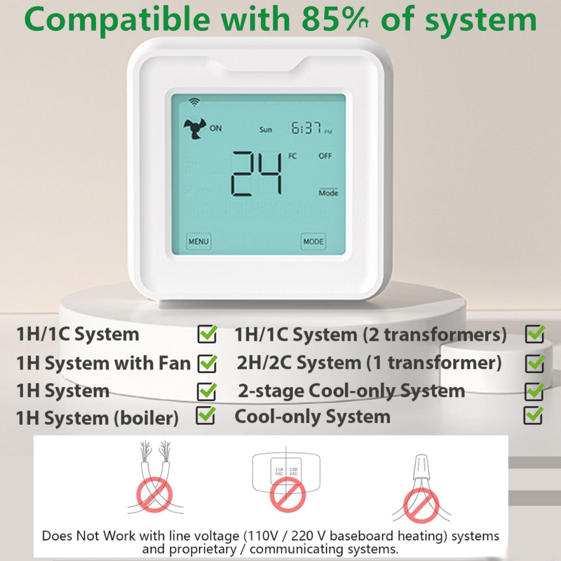 Jianshu Tuya termostat AC pintar WiFi,Alexa Google siap, termostat 7 dapat diprogram layar sentuh HVAC, pompa panas, pendingin udara