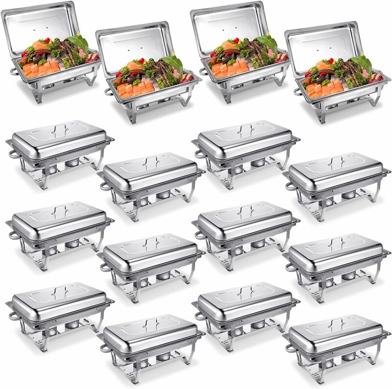 Hoolerry 16 Pcs Chafing Dish Buffet Set 9 Qt Stainless Steel Chafer Set Catering Buffet Servers and Warmers with Foldable Frame