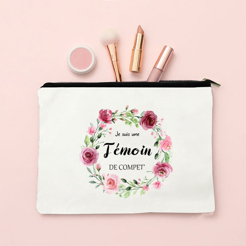 Temoin-Bolsa de maquillaje con estampado francés de flores para mujer, estuche de cosméticos para dama de honor, organizador de artículos de tocador de viaje, regalos de boda para artistas