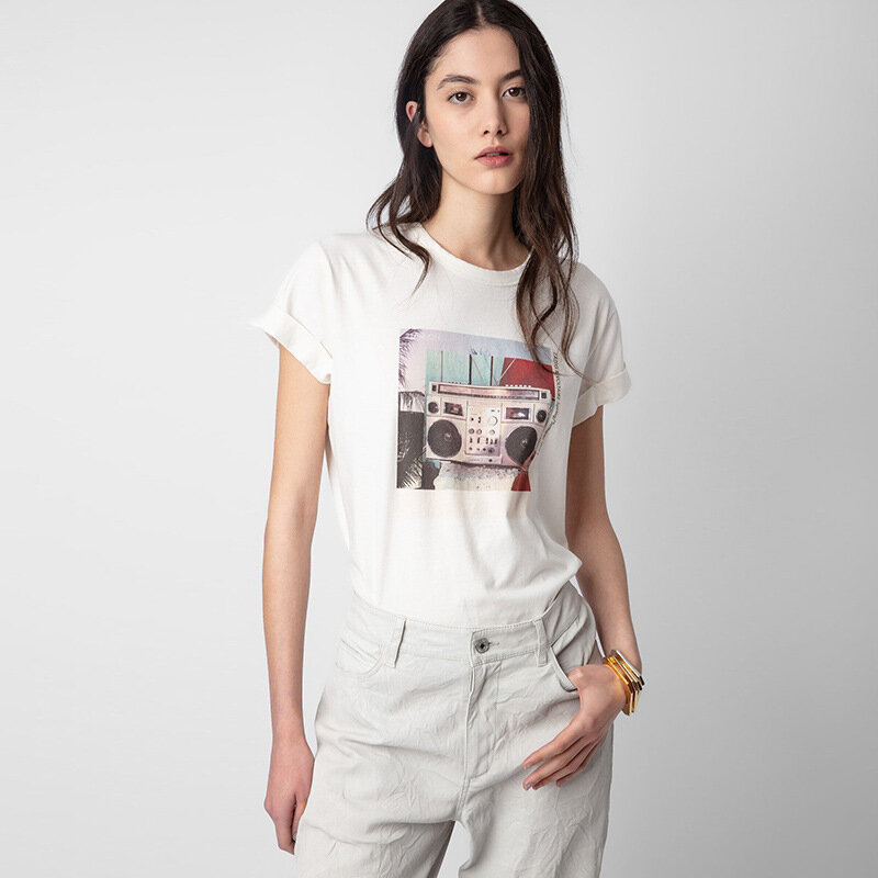 Kaus wanita lengan gulung katun motif Digital, Radio suara ZV Prancis model baru, kaus Wanita lengan gulung untuk musim panas