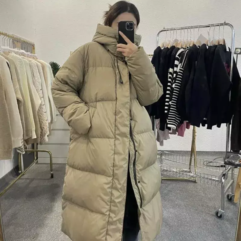 Jaket panjang hangat wanita, mantel bertudung parka longgar tebal hangat musim dingin 2024
