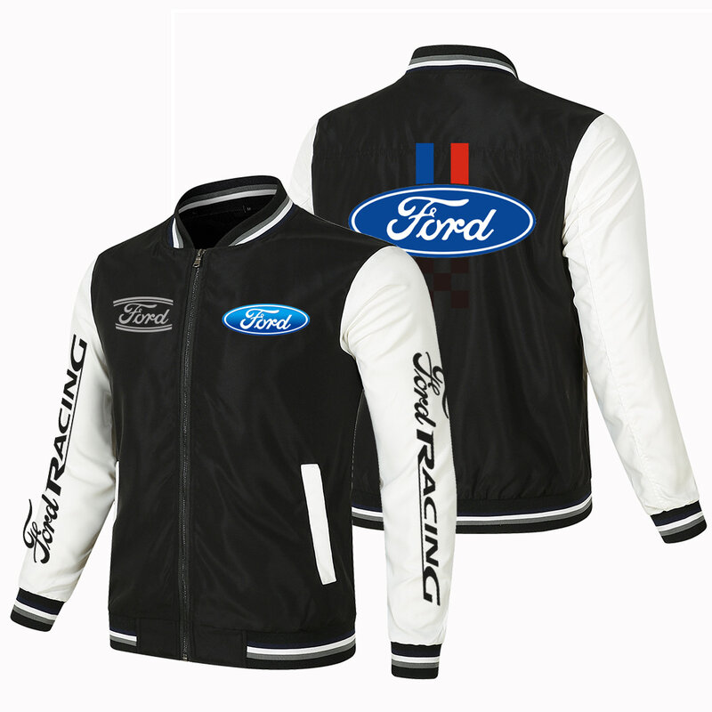 Jaqueta casual de motocicleta masculina, cardigã elegante com zíper, esporte colorido, logotipo de carro Ford Racing, moda, primavera e outono