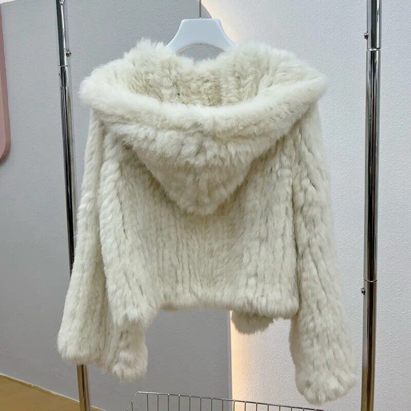 Real Rabbit Fur Hooded Coat Long Sleeve Women Casual Loose Knitted Genuine Fur Jacket With Hood Female Natural Fur Outwear