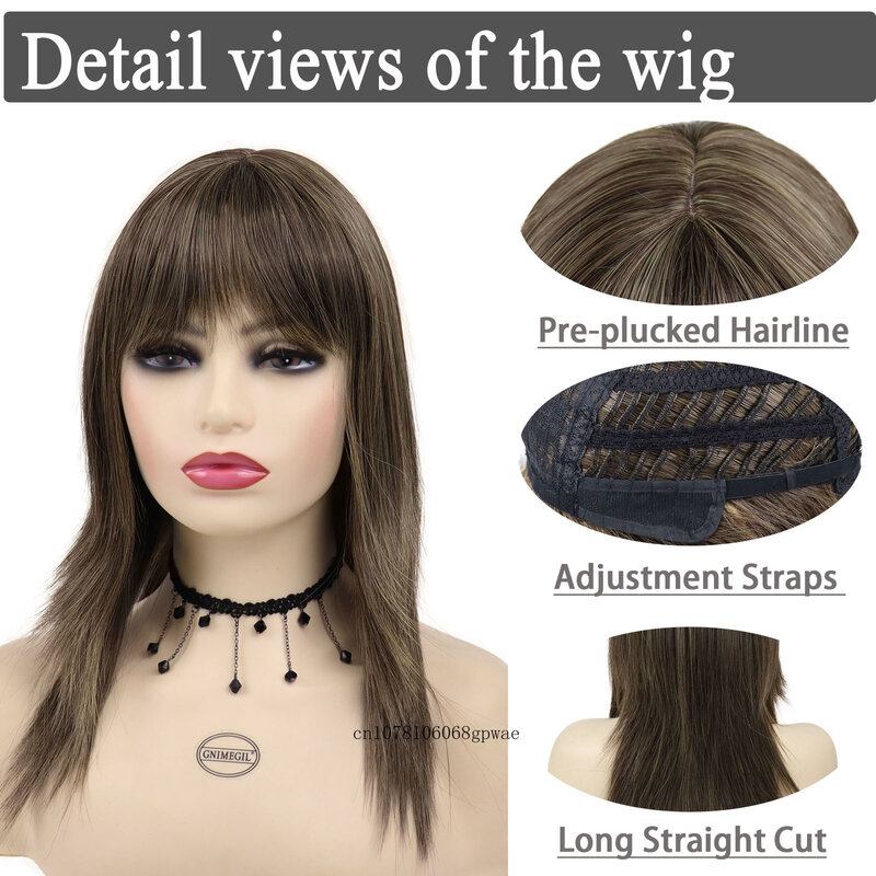Gaya rambut lurus coklat klasik Wig sintetis untuk wanita gaun panjang mewah Wig kasual pesta harian dengan poni ukuran topi yang dapat disesuaikan