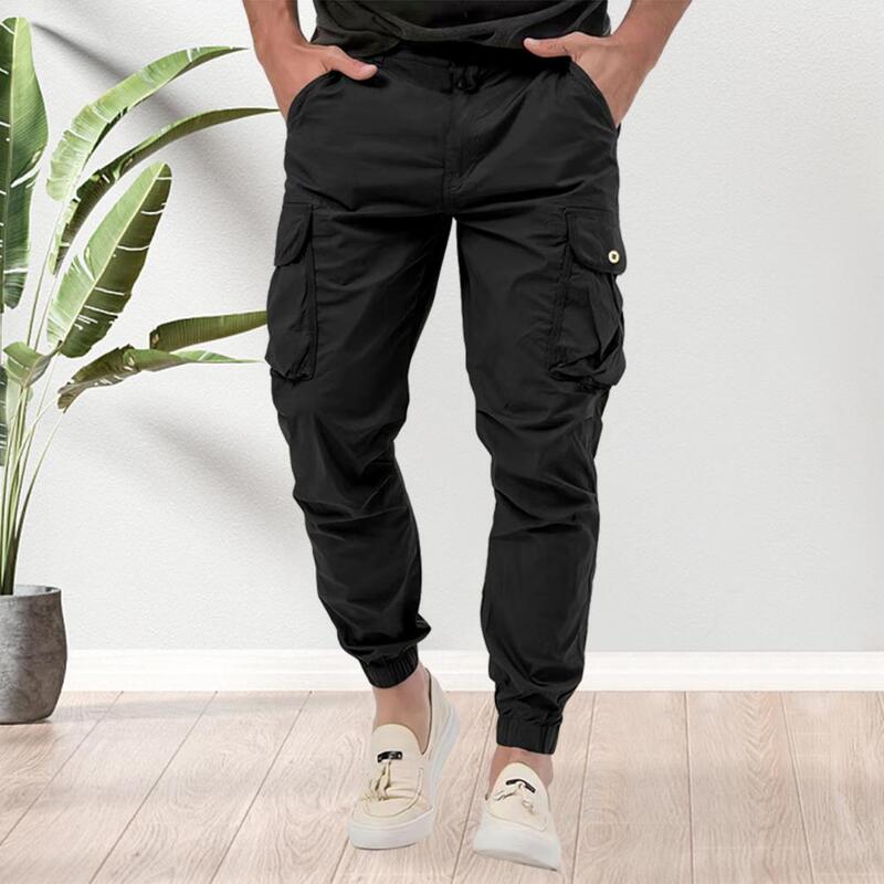 Casual Solid Color Pants Men's Mid Waist Cargo Pants with Multi Pockets Button Zipper Closure Soft Breathable for Long-lasting