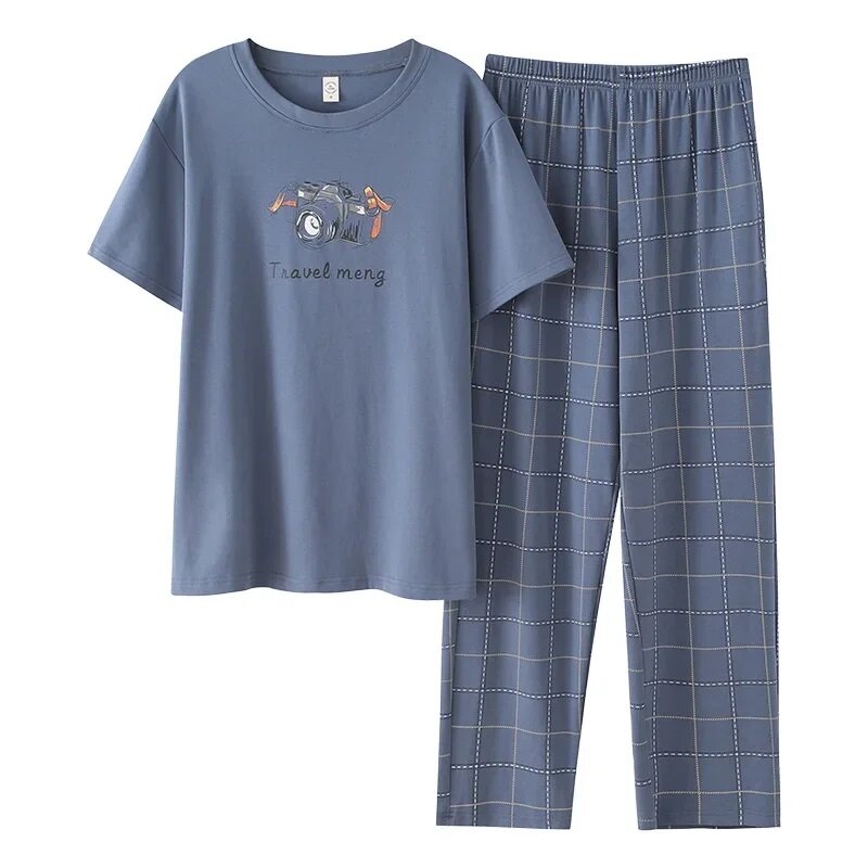 Conjunto de pijama de algodão macio masculino, pijamas com gola redonda, loungewear solto liso para jovem, moda verão, cinza, novo