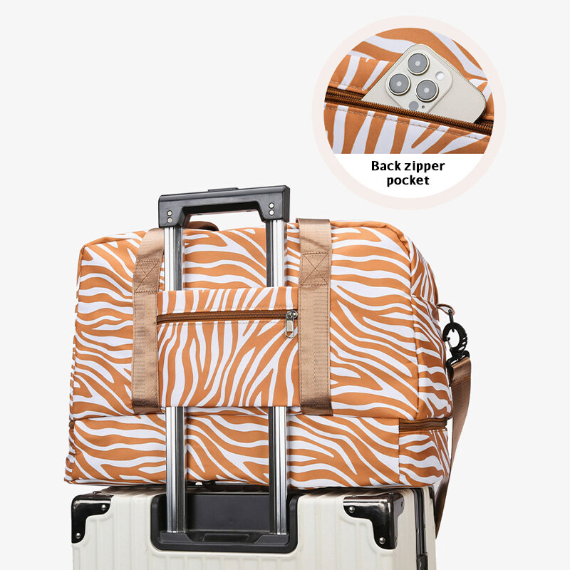Large Size Luggage Bag Women Travel Handbag Zebra Print Waterproof Pull Rod Boarding Fitness Dry and Wet Separation Weekend Bag