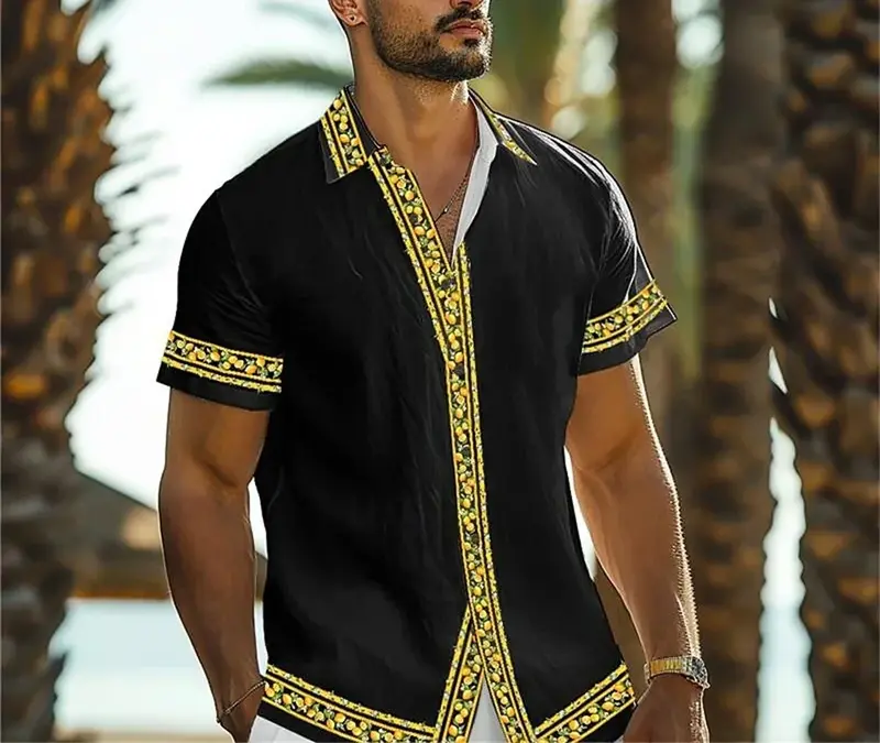 メンズハワイアン半袖シャツ、3Dパッチワークパターン、ラペルボタンアップ、プラスサイズ、カジュアルな休暇服