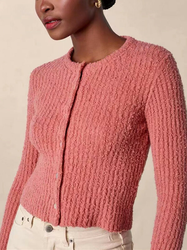Spring New 2024 Women Long Sleeve Knitted Sweater Slim O-Neck Single Breasted Sweet Ladies Cotton Blend Cardigan Tops
