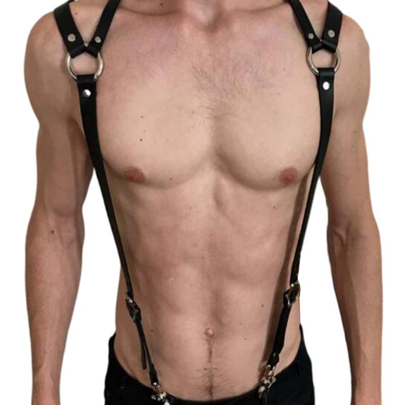 Mens Sexy Harajuku Faux Leather Body Chest Half Harness Suspenders Punk Sling Buckle Shoulder Straps Belt O-Rings