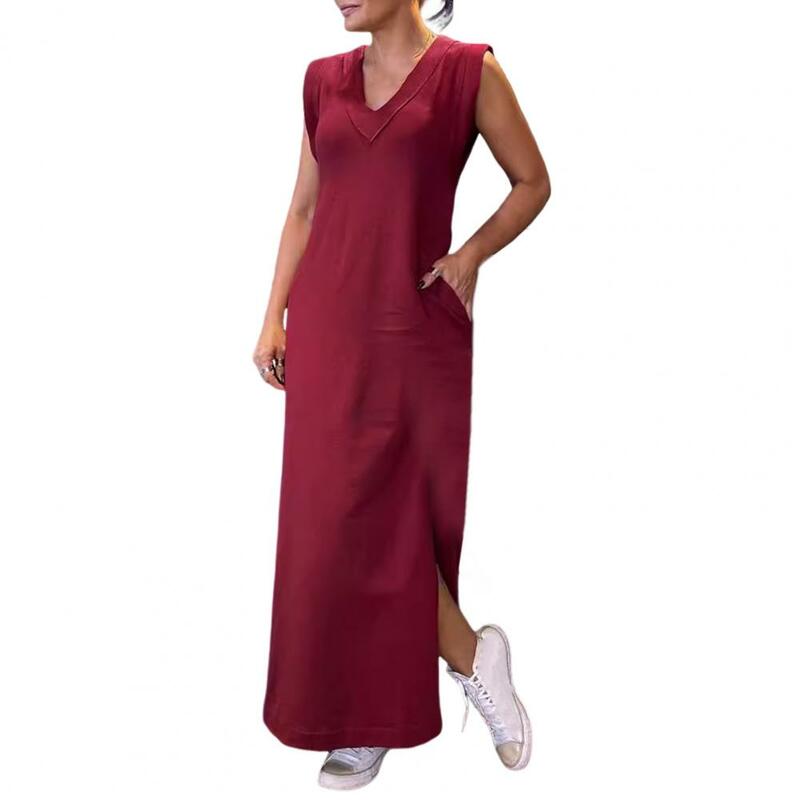 V-neck Long Dress Elegant V Neck Maxi Dress with Side Split Pockets for Women Solid Color Retro Ankle Length Summer for Wear