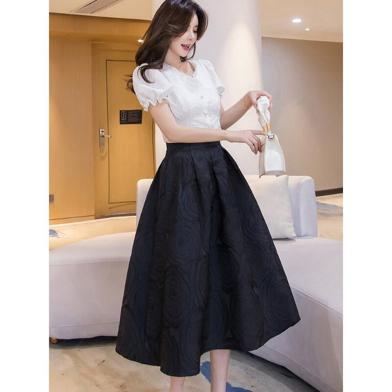 Female Embroidered Floral Faldas Mujer A-line Vintage Summer Elegant Skirts Office Ladies Fashion Fashion Casual Skirts Q581