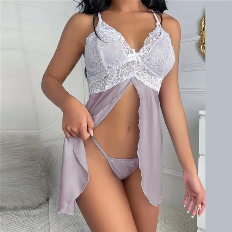 Women's Solid Sexy Lace V-Neck Sleeveless Pullover Sleepshirt Ladies Babydoll Adjustable Strap Satin Bedroom Dress Clothing 2024